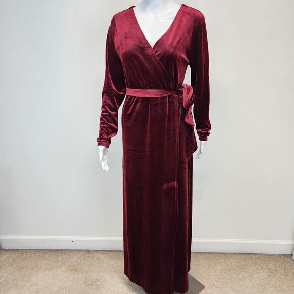 Velvet Faux Wrap Maxi Dress Size L Berry Red Dark Romantic Fairy Medieval Goth - Picture 1 of 15